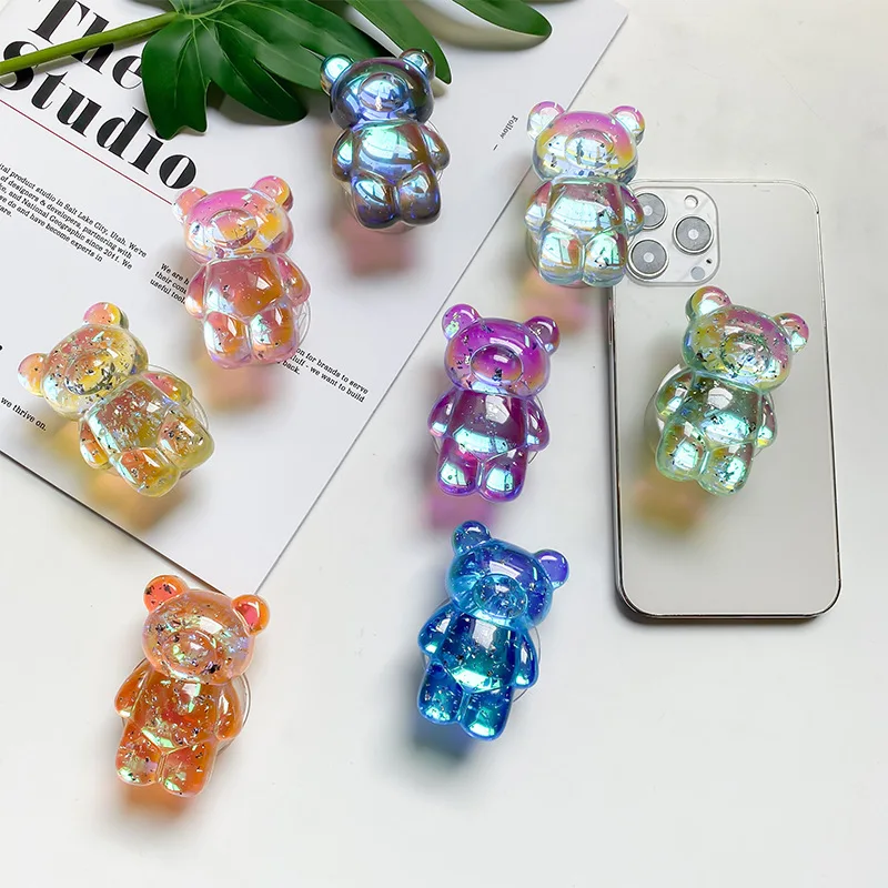 

2022 Exquisite Mobile Phone Holder Grip Foldable Solid Color Transparent Crystal Bear Mobile Phone Holder Finger Socket