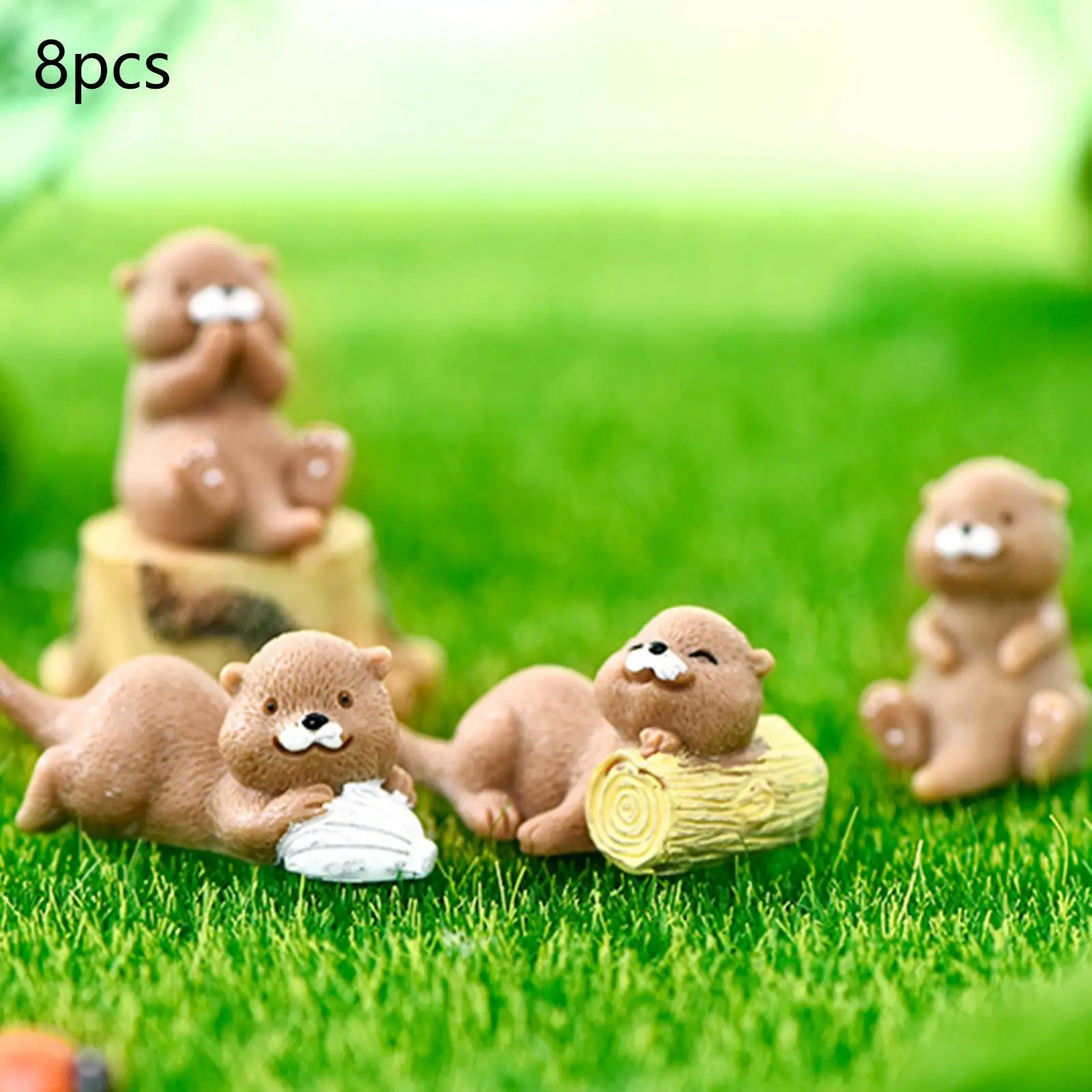 

8 Miniature Otters Figurines Moss Landscape Crafts Statues Desktop Decor