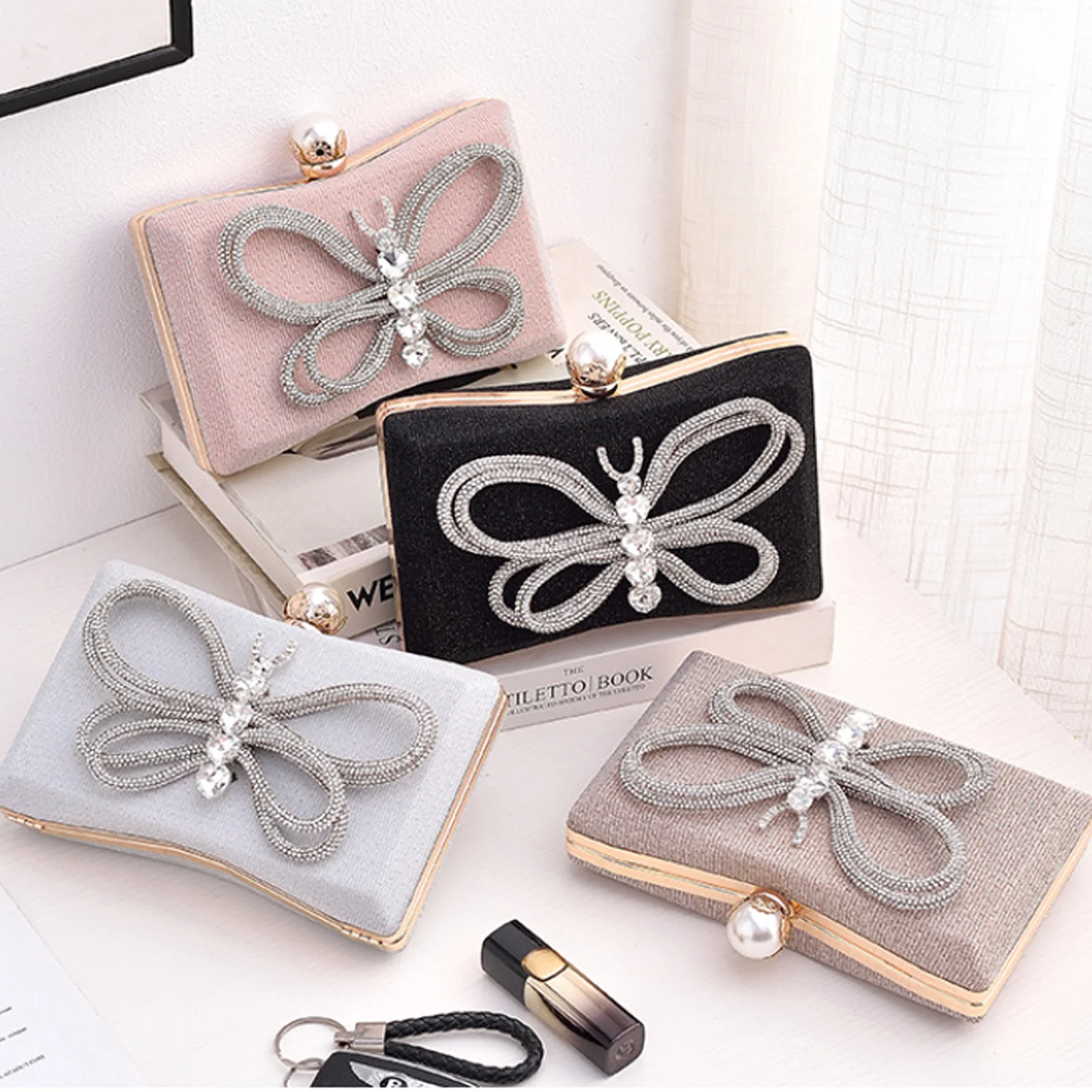 

Bling Rhinestone Evening Purse Bow Women Dinner Clutch Bag Fashion Banquet Wedding Party Shoulder Crossbody Handbags Money Bags