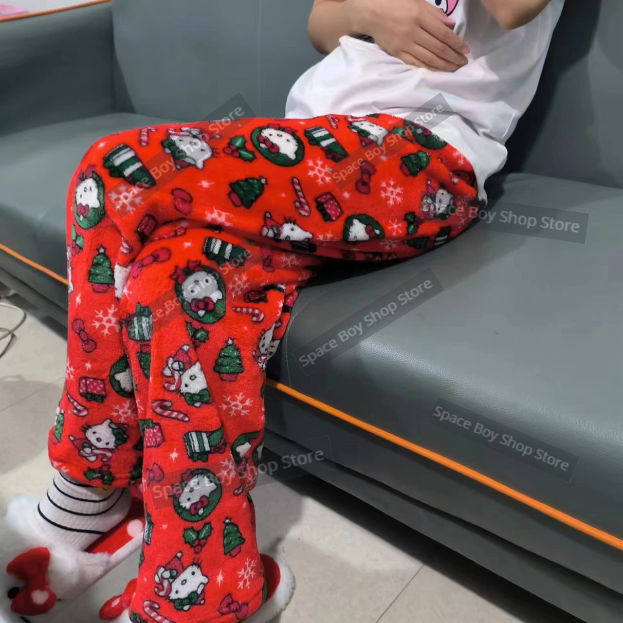 

Sanrio Hello Kitty Christmas Eve Coral Fleece Pajama Pants Soft Trousers Women Anime Cartoon Casual Home Trousers Kawaii Gift