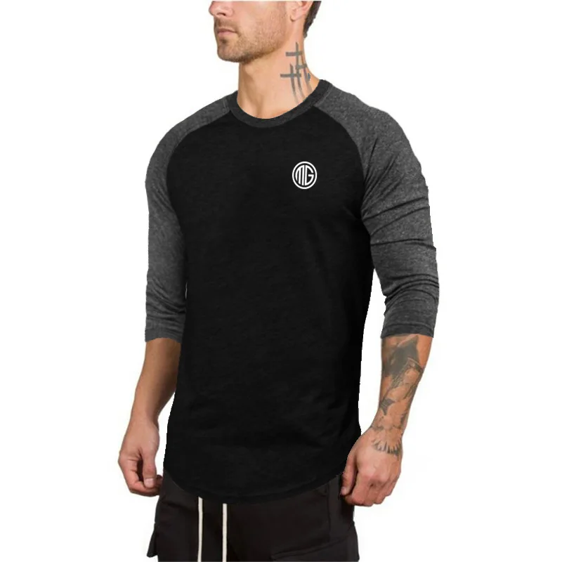 

Gym T-shirt Men 0-Neck Three Quarter Sleeves Cotton Tshirt Slim Fit Shirt Male Fitness Bodybuilding Workout Color Contrast Tops