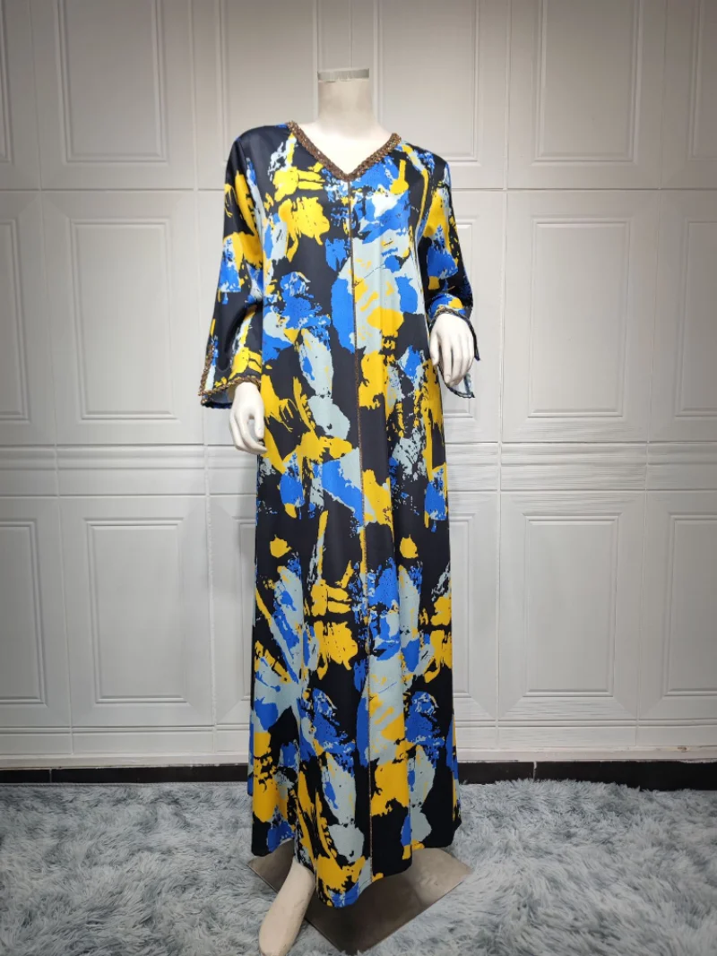 Eid Ramadan Muslim Abaya Dress Women Dubai Diamond Morocco Party Dresses Floral V Neck Elegant Kaftan Prayer Maxi Vestidos 2023