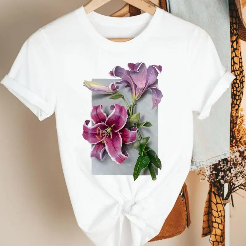 

Women Flower T Tee Fashion Tshirt Pretty Nice Short Sleeve Sweet Clothing Lady Top Casual Print Cartoon Graphic T-shirt
