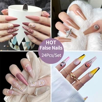 24pcsset artificial ballet fake nails with detachable diamond encrusted wear coffin false nails press on girls full cover nail