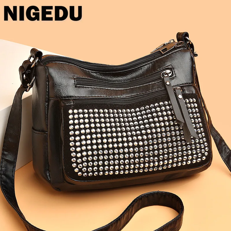 

Женская сумка-мессенджер из мягкой искусственной кожи, модный саквояж на плечо со стразами, многослойная черная дамская сумочка на молнии