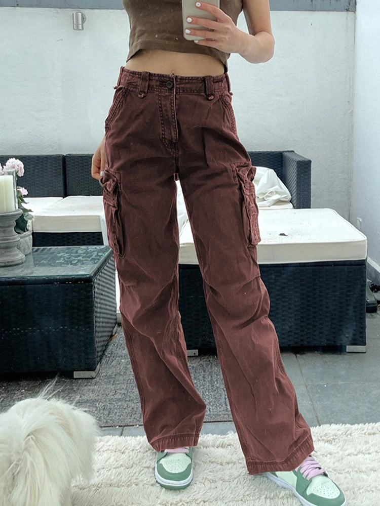 

2022 New Brown Pocket Overalls Vintage Dark High Waist Hanging Loose Straight Pants Casual Jeans Fairy Grunge Women Clothing Alt