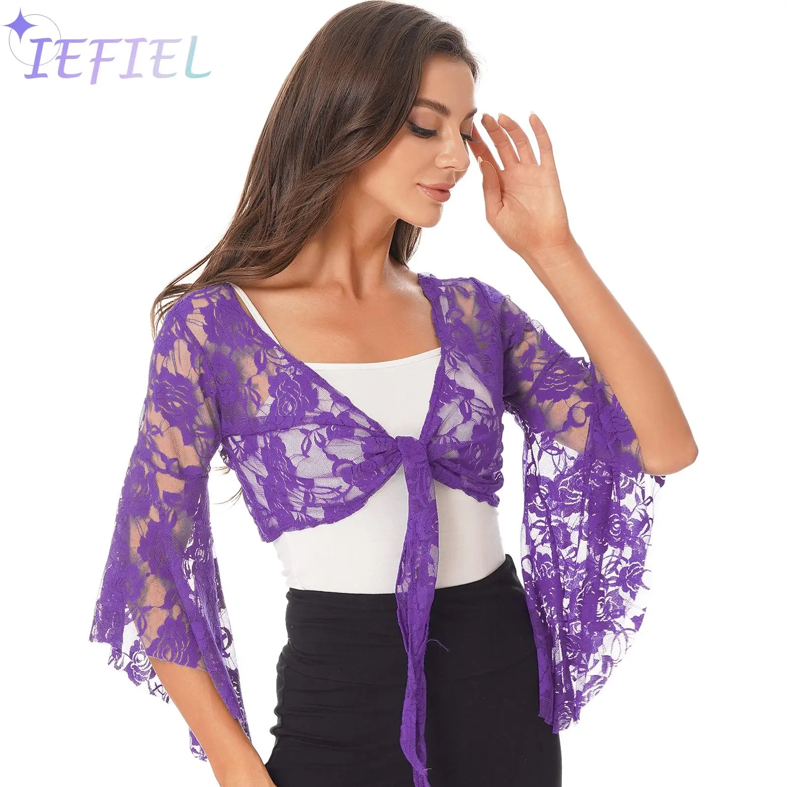 

Women Hollow-Out Cardigan Shrugs Tops Flare Sleeve Shawl Wrap Sheer Lace Gymnastics Cover Up Belly Dance Wraps Daily Wear