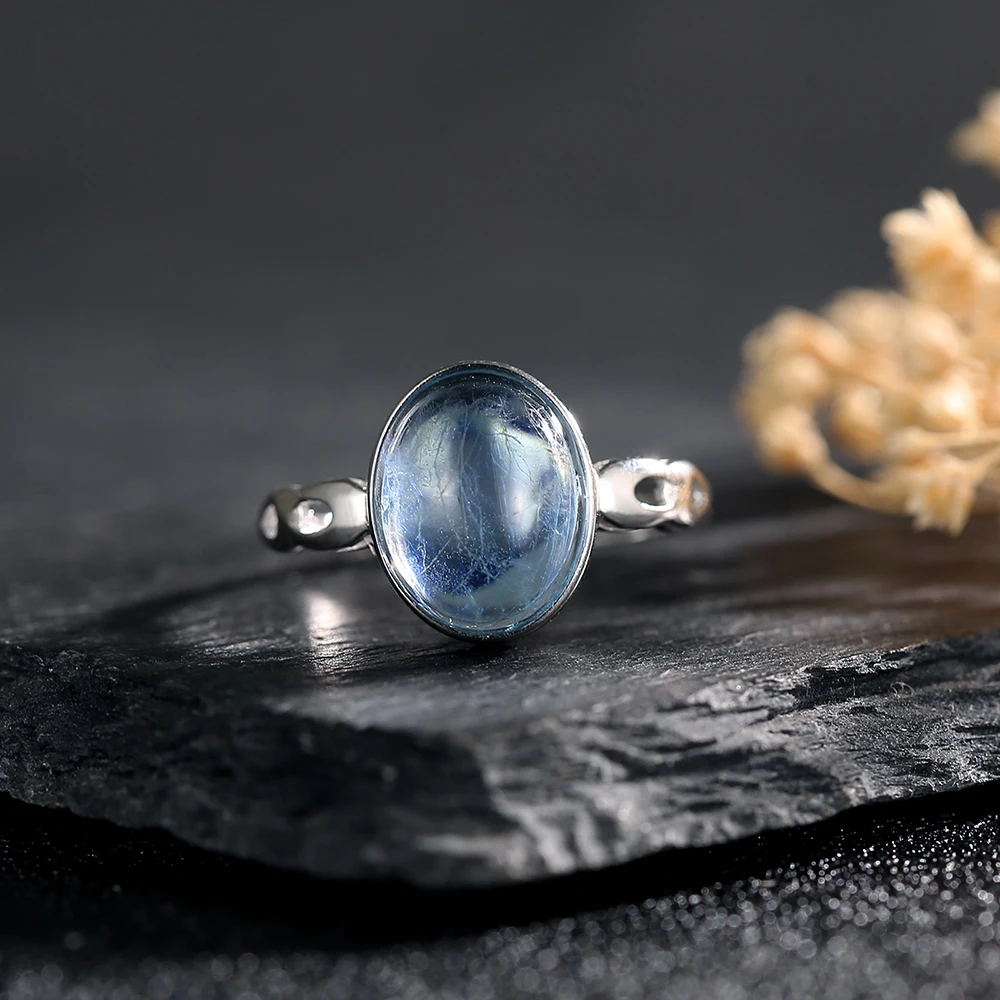 Серебряное кольцо S925 с натуральным минеральным морем 10*8 сапфиром женское