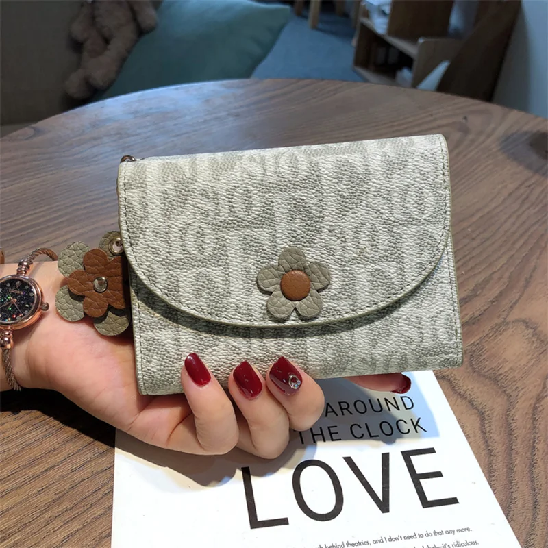 Fashion Envelope Short Wallet Women Genuine Leather Purses Letter Print Three-fold Wallet Flower Cowhide Billfold Card Holder