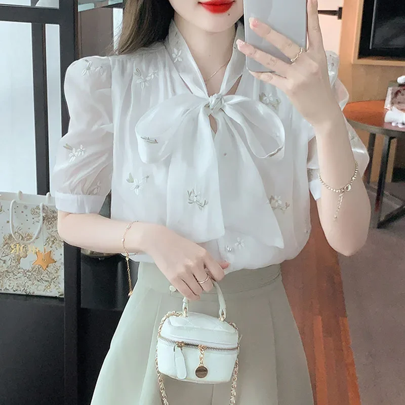 Новая женская рубашка с воротником-бантом модные женские топы коротким рукавом