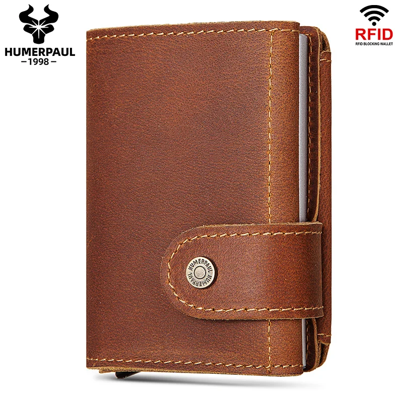 

Cowhide Men Business Aluminum Cash ID Card Holder RFID Blocking Slim Metal Wallet Coin Purse Automatic Pop Up Credit Card Wallet
