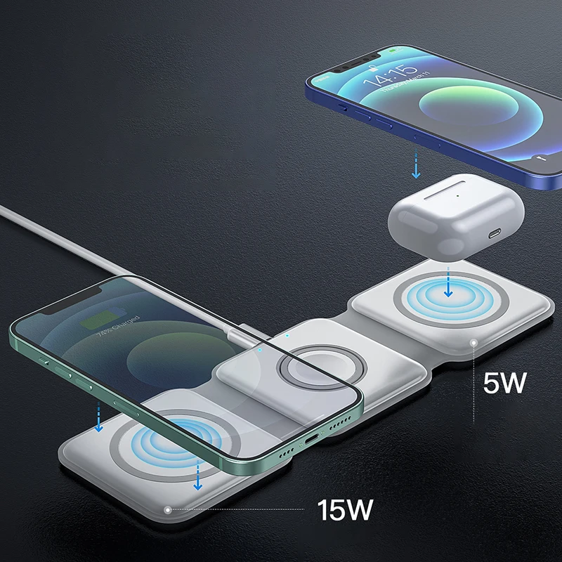 

15W 3In1 Magnetic Fast Wireless Charger for IPhone 11promax 13 12 11 Samsung Note9 Xiaomi 9 Huawei Watch Earphone Folding Stand