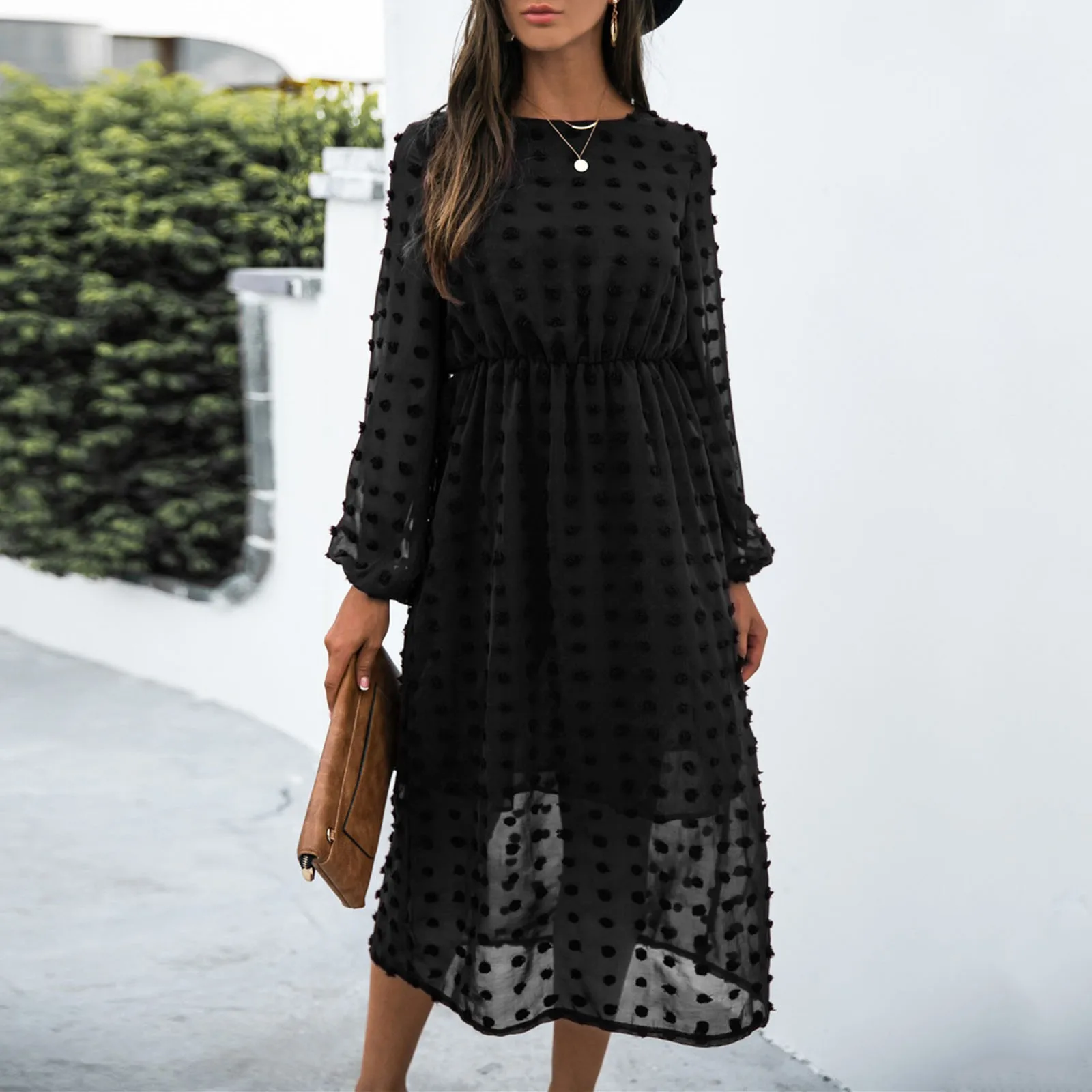 

Женское шифоновое платье с длинным рукавом, круглым вырезом и завышенной талией