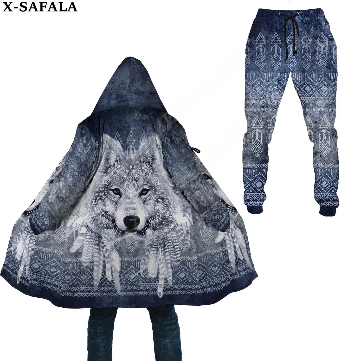 

Толстая теплая накидка с капюшоном и принтом символа татуировки волка, комплект спортивных брюк, пальто, ветрозащитная флисовая куртка унисекс, брюки для бега-1