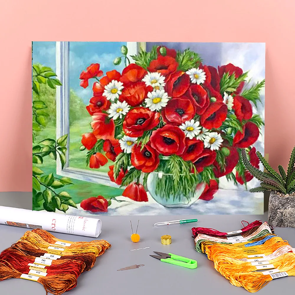 

Poppy Flower Printed Fabric 11CT Cross Stitch DIY Embroidery Kit DMC Threads Craft Knitting Needlework Painting Package Decor