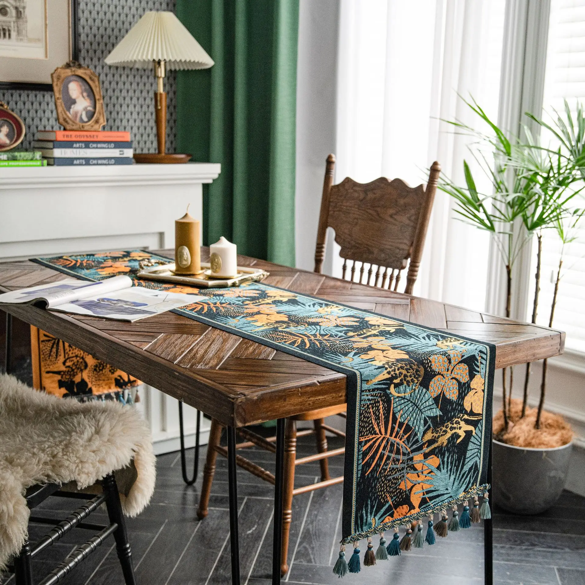AmericanTropical Plants Table Runner Cotton Linen Table Runners with Tassels Dining Wedding Home Table Kitchen Decoration