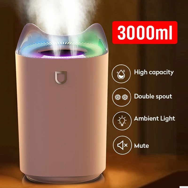 

Air Humidifier 3L Essential Oil Aroma Diffuser Double Nozzle With Coloful LED Light Ultrasonic Humidifiers Aromatherapy Diffuser