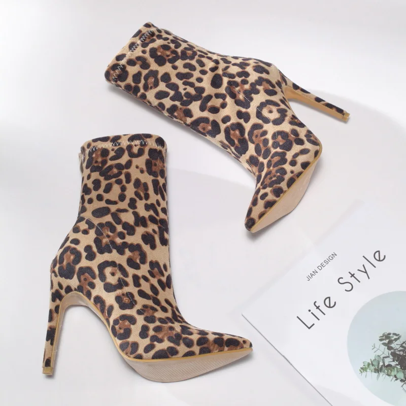 2022 Suede Pointed Toe Women Ankle Boots Leopard Fashion Hoof High Heel All Match Short Woman Shoes Fur Boots Size 34-42