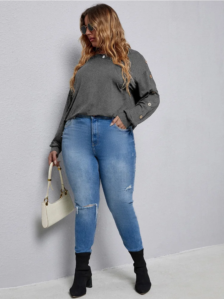 Women's Large Women's Clothing Station Fashion Solid Color Off Shoulder Buckle Long Sleeve T-shirt plus size feminino