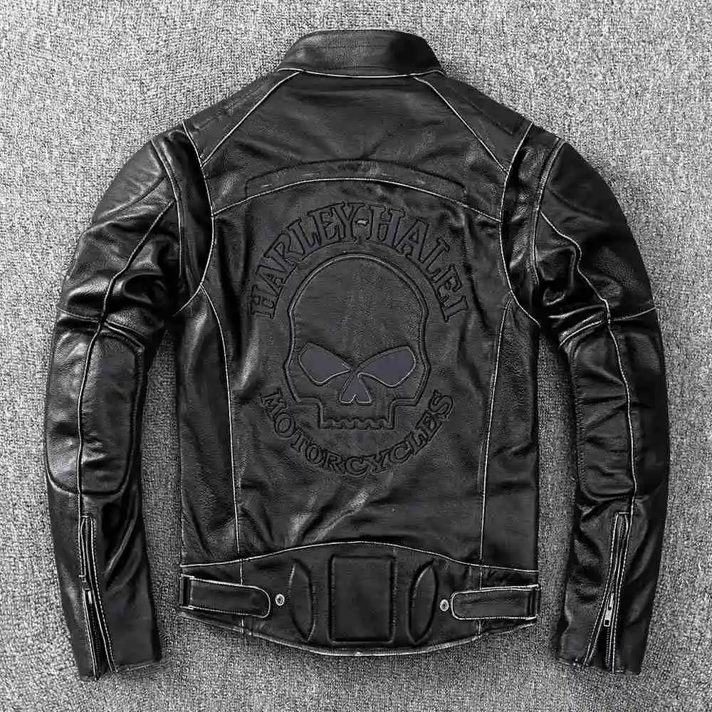 

Motorcycle Leather Jacket Men's Head Layer Cowhide Coat Genuine Cowhide Jacket Skull Print Leather Jacket