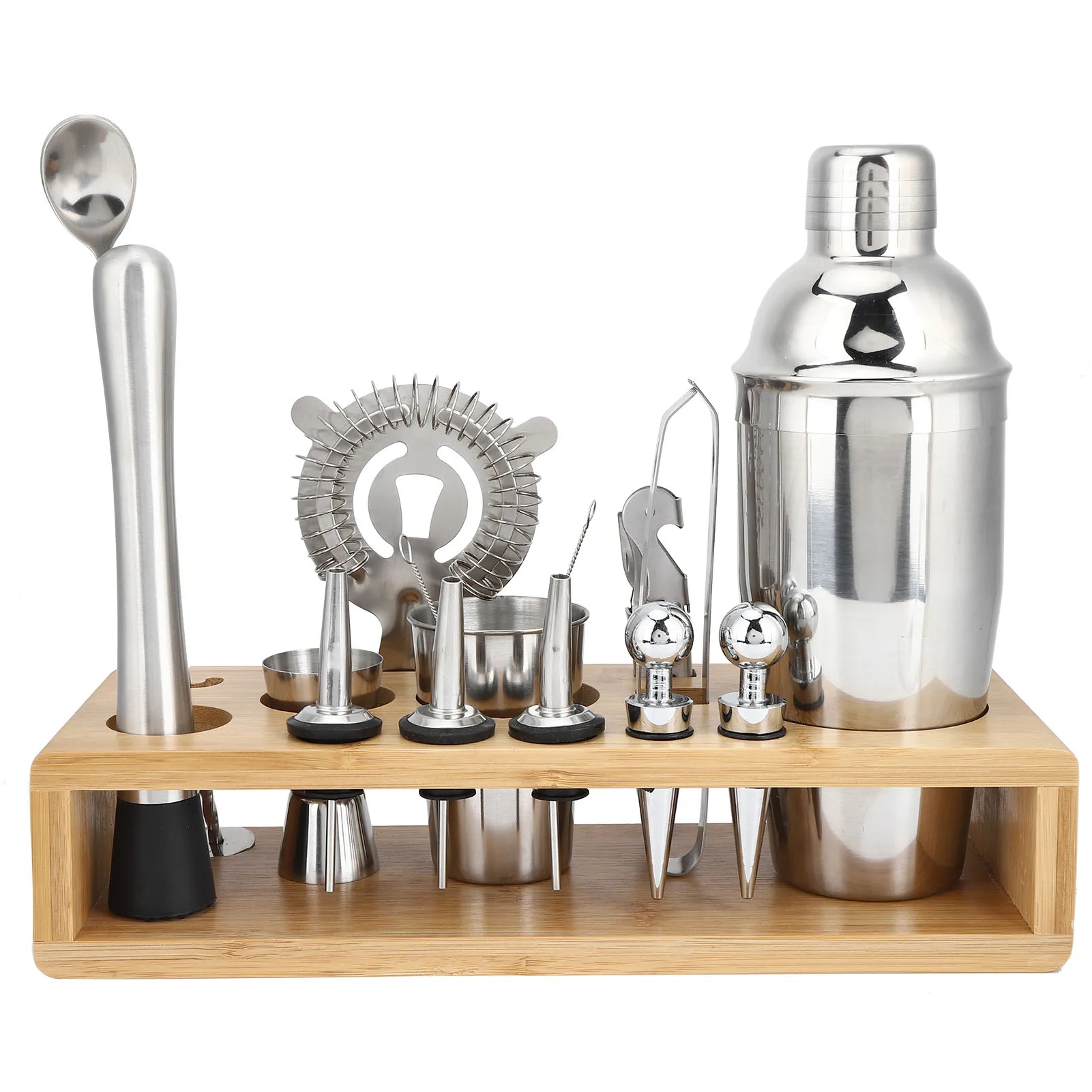 

16Pcs 304 Stainless Steel Cocktail Shaker Bar Set Wine Drinking Mixer with Bamboo Stand