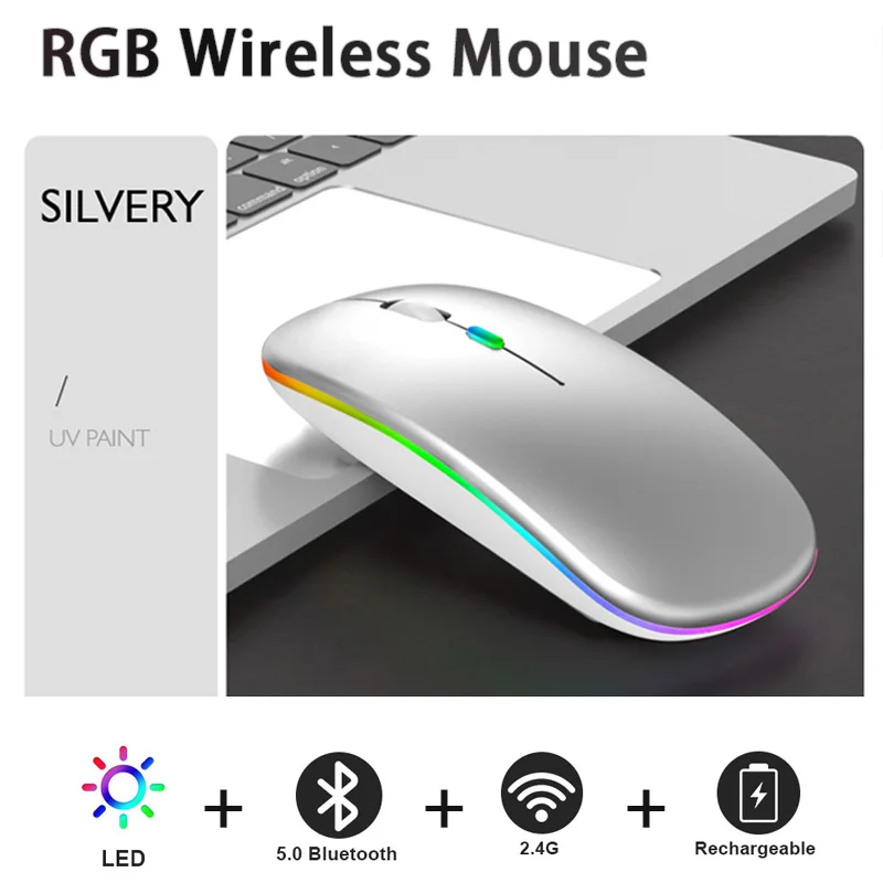 

Беспроводная мышь, Bluetooth мышь, бесшумная мышь RGB, эргономичная игровая мышь для ноутбука, ПК, Macbook, 1600 точек/дюйм, 2,4G мышь