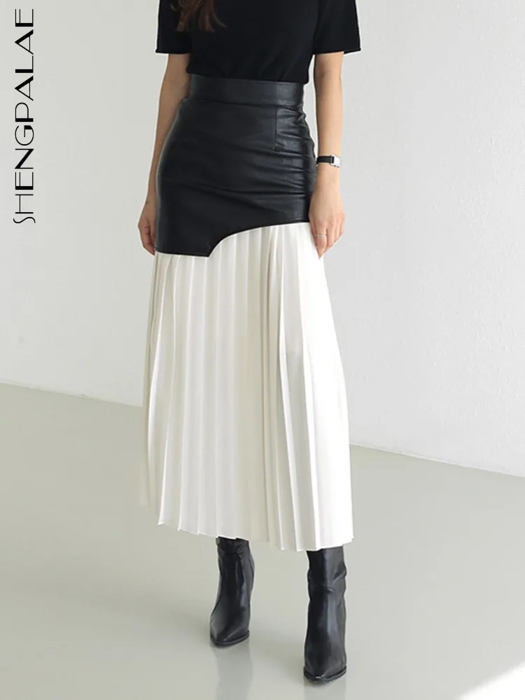 

SHENGPALAE Fashion Patchwork Pu Leather Skirt Women's High Waist Midi Folds Color Block Skirts Female 2023 Spring Clothing R6875
