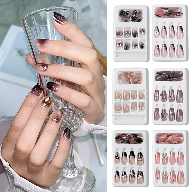 

24Pcs Long Round Head Press On Nail Art Seamless Removable Fake Nails With Glue Ballet Coffin Wearing Blue Reusable False Nails