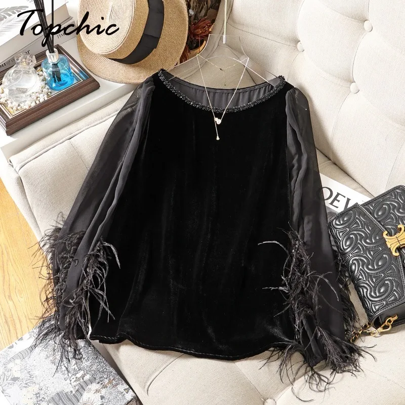 

100% Silk Blouse Women 2023 Vintage Elegant Feather Patchwork Long Sleeve Top Mujer Autumn Black Velvet Blusa Feminina