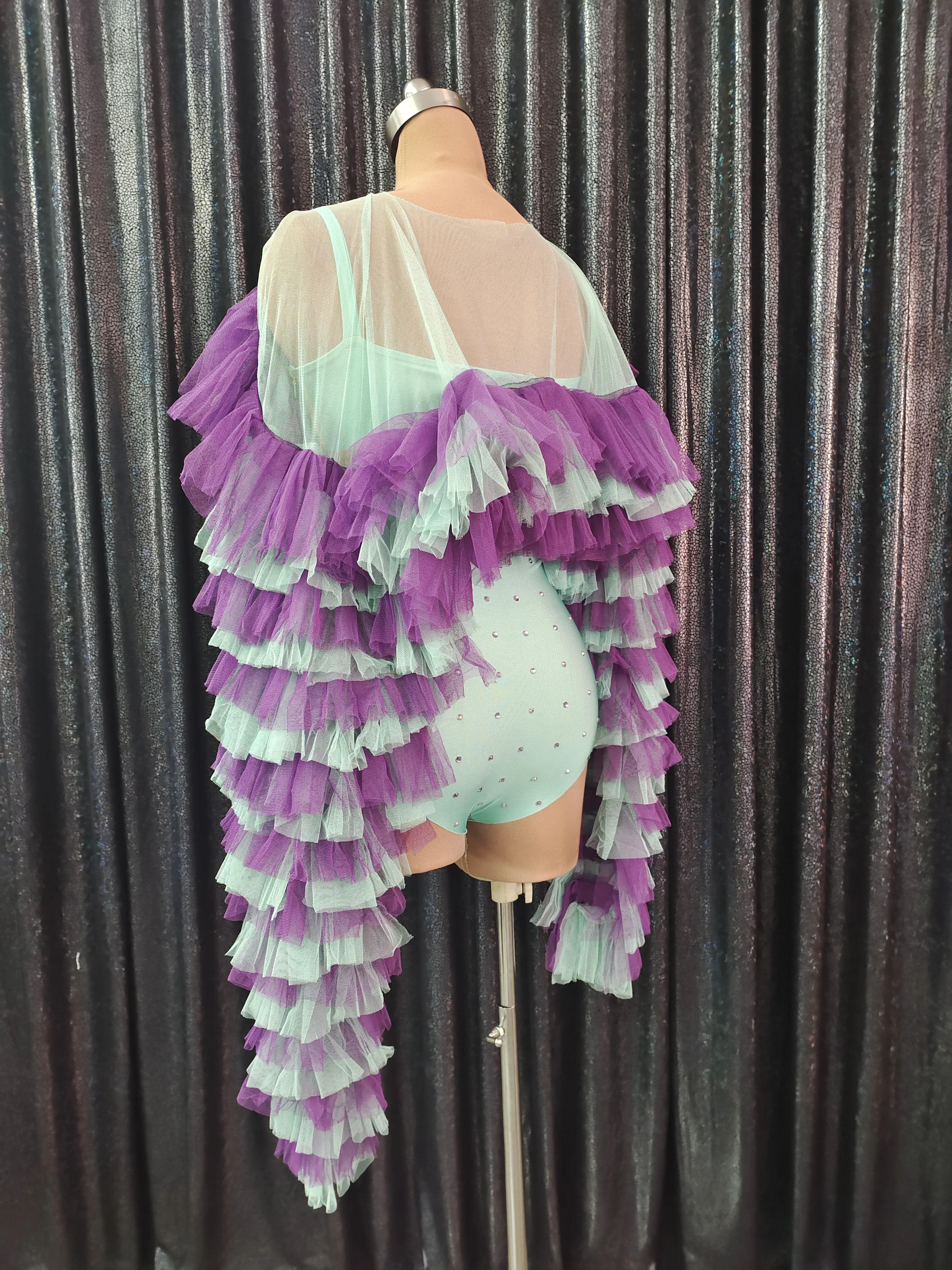 Purple blue lace patchwork mesh Spandex dress pants Birthday party Nightclub Bar concert DJ singer/dancer costume |