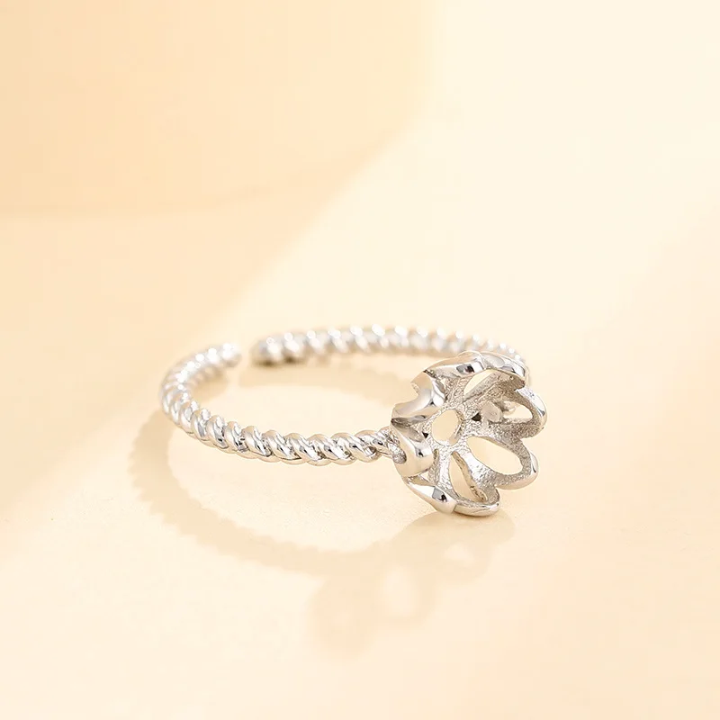 7x7mm S925 Sterling Silver Adjustable Blank Flower Ring Base For Cabochons Cameo Ring Jewelry Findings Making Accessories
