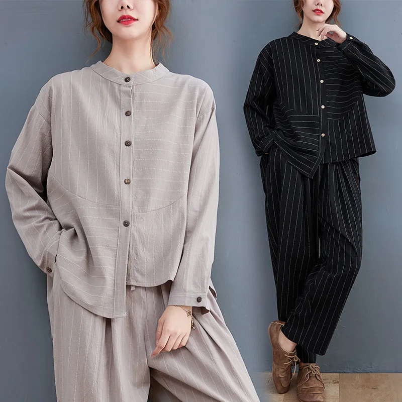 

Cotton Linen Casual 2 Two Piece Set Women Long Sleeve Loose Irregular Shirt Blouse Fashion Clothes Pants Suit Autumn 2022