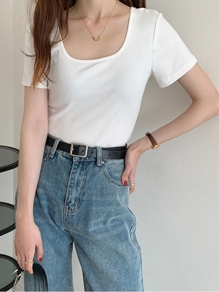 Woherb Однотонная футболка с квадратным воротником женские облегающие