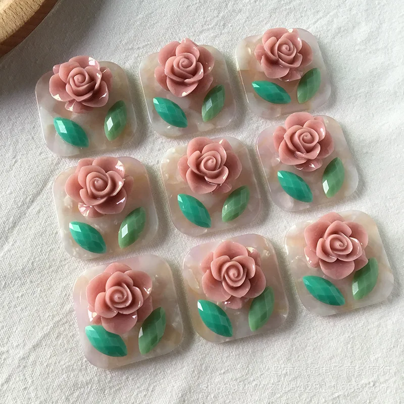 

2pcs niche design 3d rose flower leaves mica square acetic Flatback Cabochon For DIY Jewelry Making Accessories