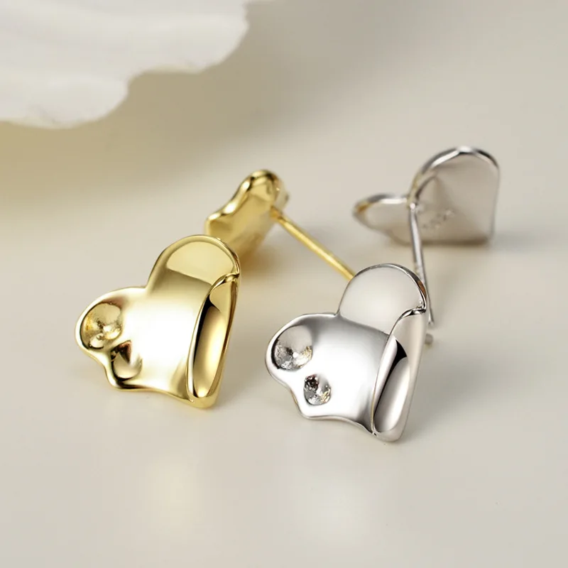

Youth of Vigor Irregular Heart Solid 925 Silver Earrings Polished 18K Gold Tone Ear Studs E1050