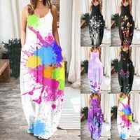 2022 Women Casual Loose Strap Dress Colors Summer Sexy Boho Bow Camis Pocket Maxi Dress Large Size Big Large Dresses Robe Femme