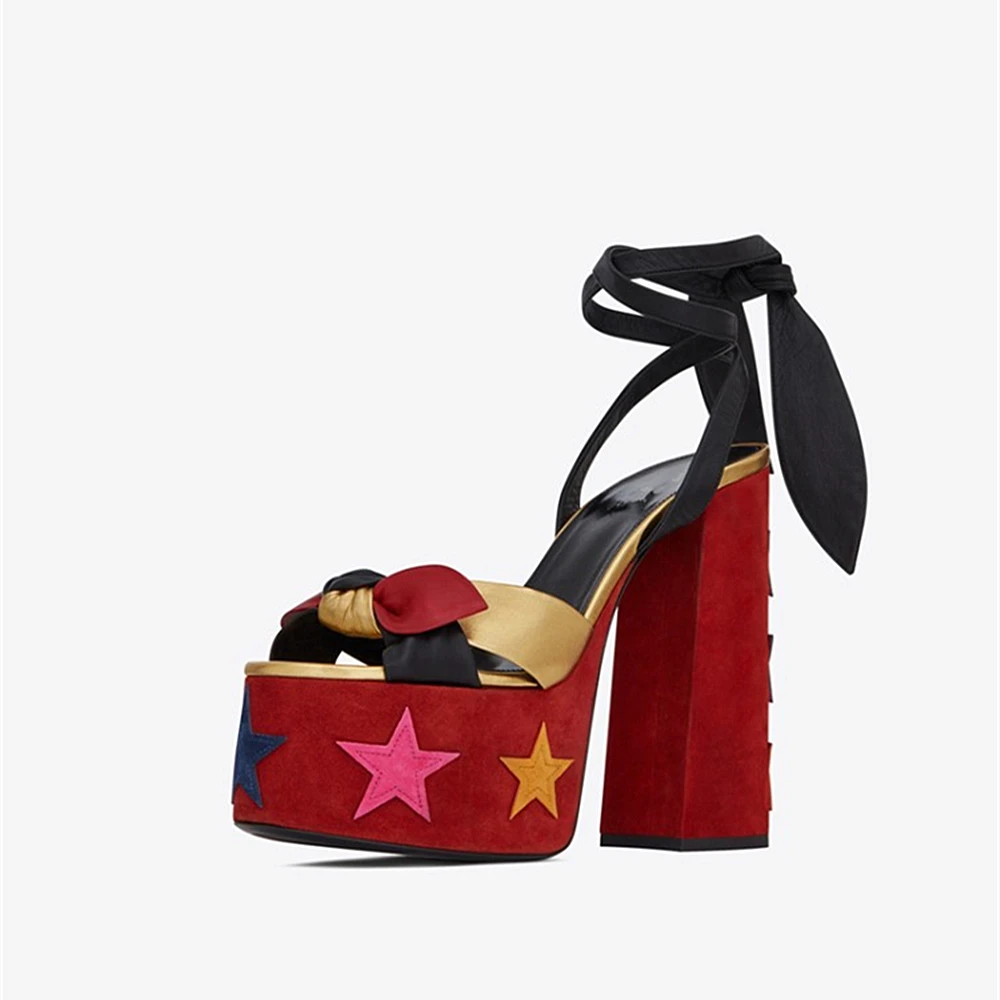 Women Catwalk Fashion Platform Pumps Thick High Heels Peep-Toe Sandals Knotted Sandals Ankle Buckle Party Prom Chunky Heels