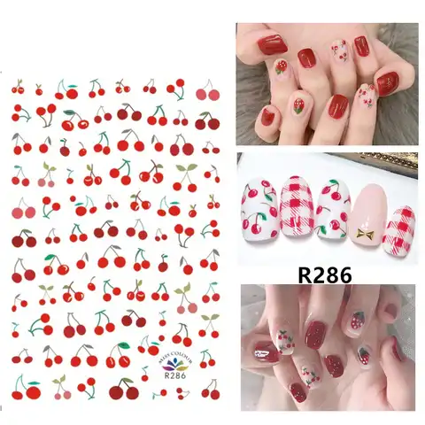Самоклеящиеся 3D наклейки для ногтей, украшения для нейл-арта с красными вишнями, фруктами, модные стикеры маленького размера для женщин и де...