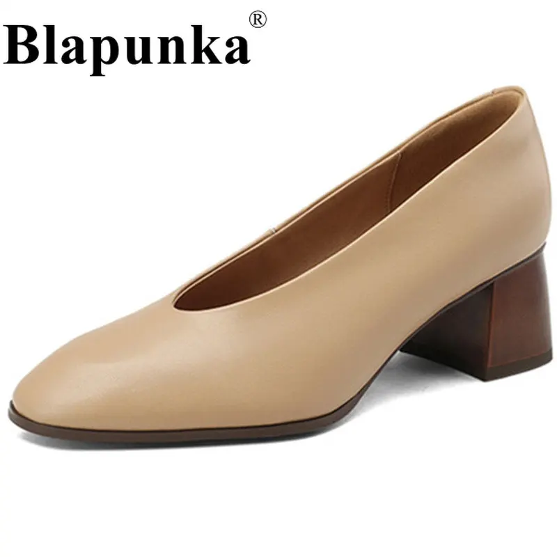 

Blapunka Women Block Heels Real Genuine Leather Pumps Black Nude Medium Heels Shoes Soft Sheepskin Shallow Pumps Ladies Beige 42