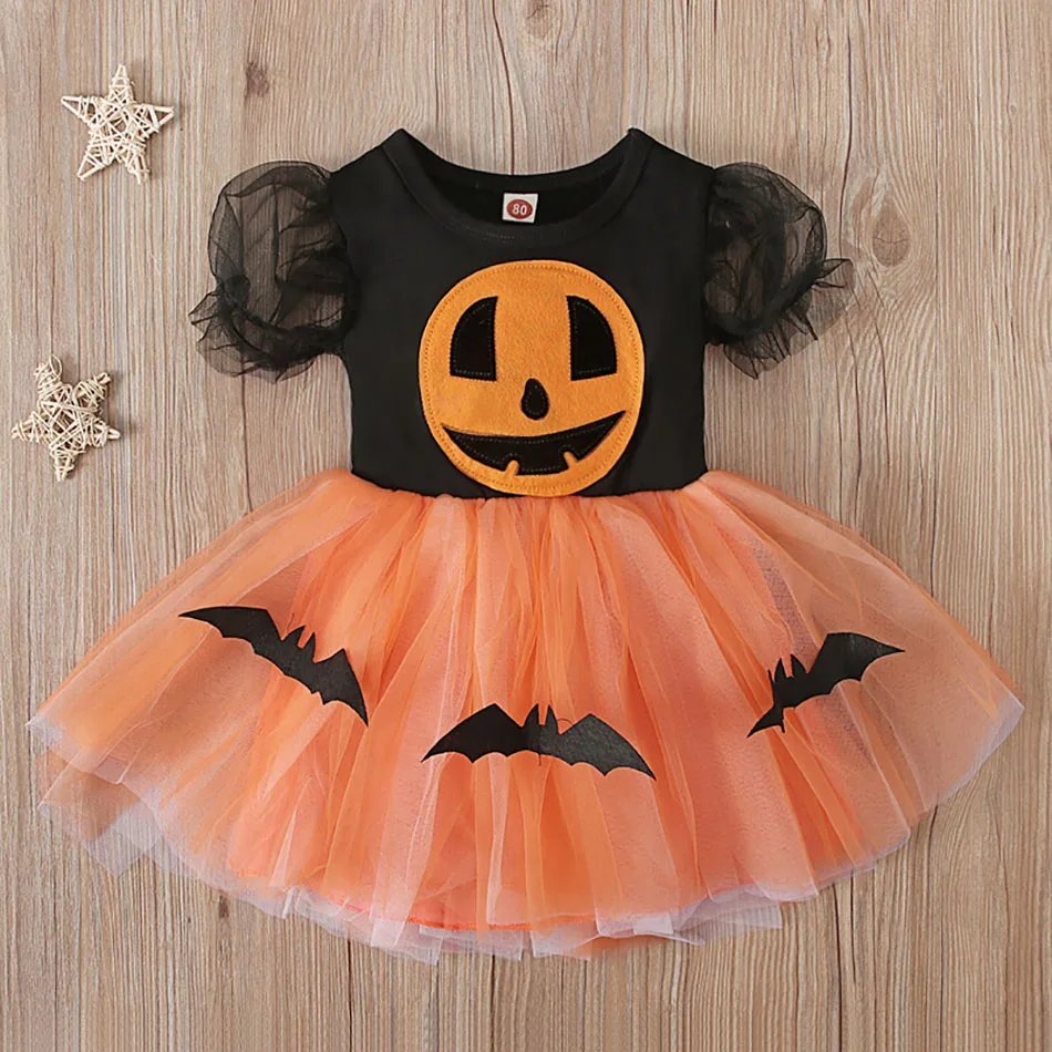 

Kids Halloween Costume Camouflage Baby Girl Pumpkin Lantern Bat Printed Dress Toddler Baby Halloween Party Dress 0 to 4 Years