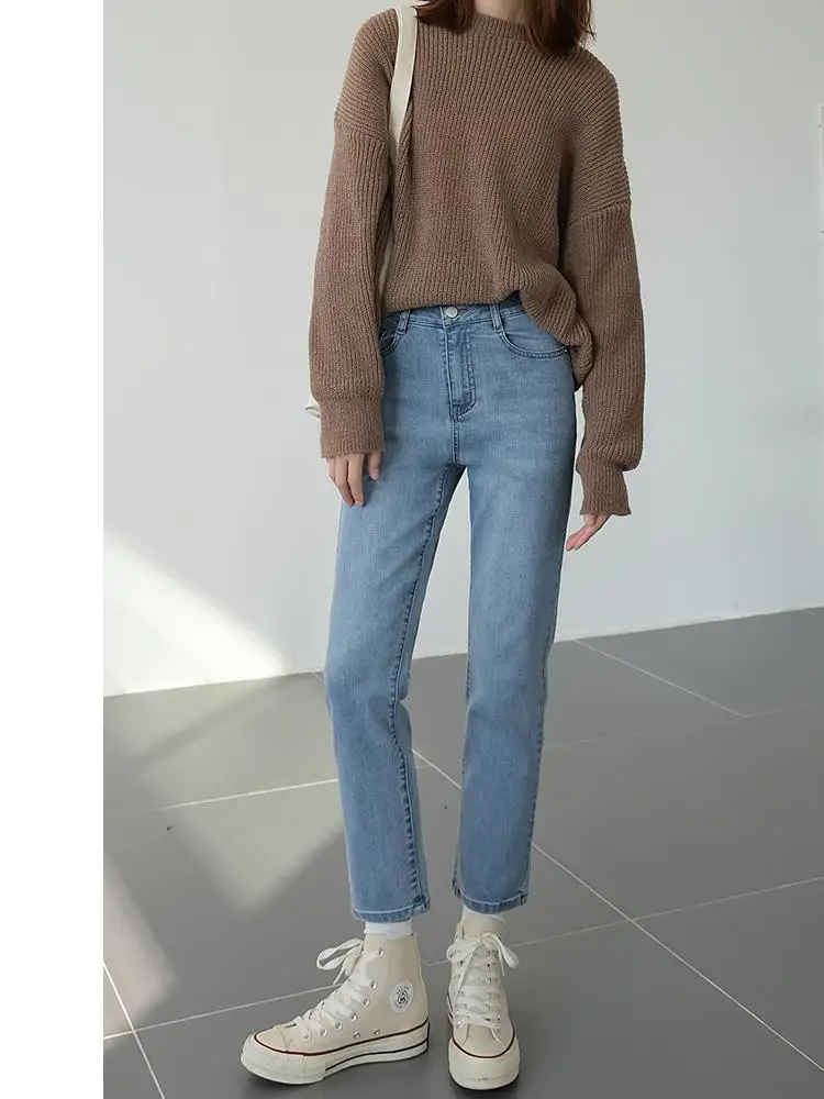 

ZHISILAO New Strech Straight Jeans Women Vintage Basic Blue Mid Waist Ankle-length Denim Pants Summer 2022