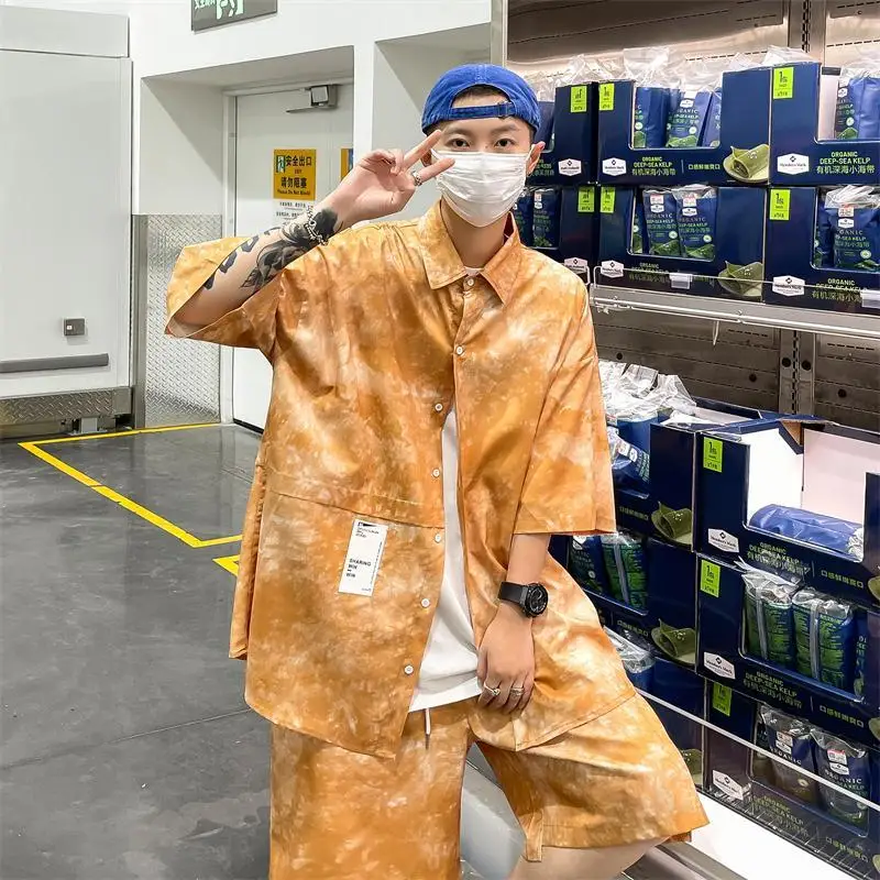 2023 new Summer Men's Oversized Two Piece Set Casual Shirt And Shorts Set Male Loose Fashion Tie Dye Short Sleeve Holiday Suits