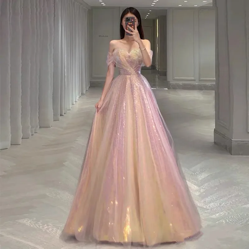 

Off The Shoulder Candy Pink Prom Dresses A Line Sparkly Beading Sweetheart Long Tulle Women Backless Ceremony Party Evening Gown