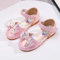 pink princess shoes children 2022 covered toes sweet bow rhinestones low heeled girls kids dress sandals for party wedding shows