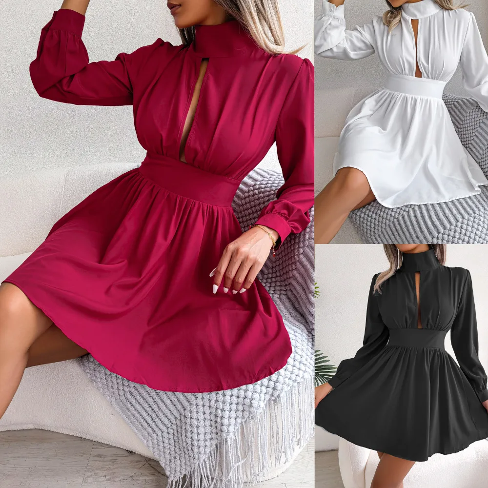 

ins style real autumn and winter sexy hollowed out waist large swing dress women's wear