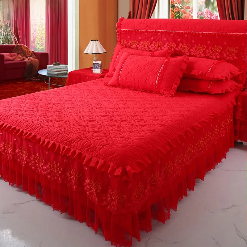 Корейская принцесса утолщенная стеганая кружевная юбка-кровать большой красный