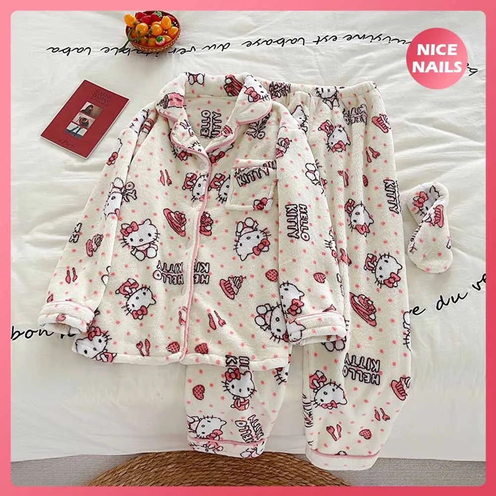 

2 Pieces Set Winter Hello Kitty Korean Loose Sleepwear Warm Flannel Women Long Sleeve Turn-Down Collar Casual Cardigan Sleepwear