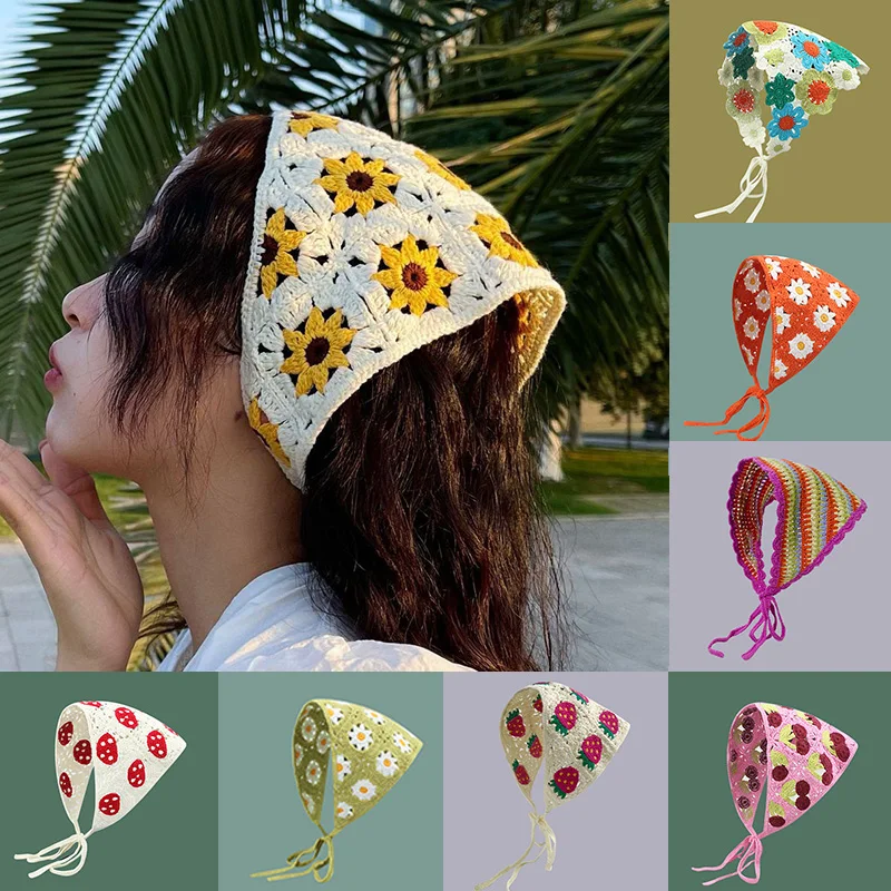 

Korean Triangle Headband Towel Women Small Mushroom Strawberry Handmade Crochet Hollow Sweet Cute Strap Hair Bag Headscarf Hat