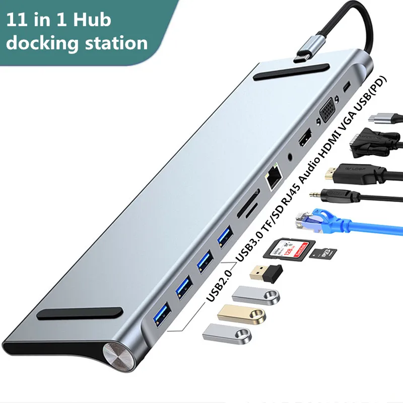 

11 in 1 Type-C Hub Expansion Dock USB2 0/USB3. 0 / TF / SD / RJ45 / Audio / HDMI / VGA / USB C (PD) Laptop Splitter Converter