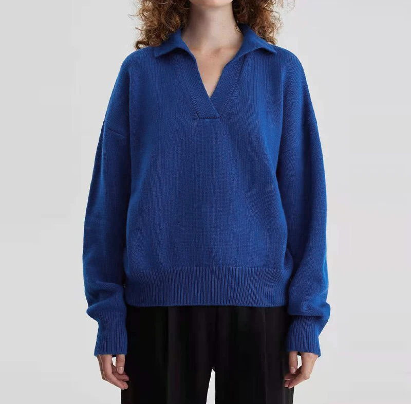 

Women Soft Sweaters Solid V-Neck Turn-Down Collar Pullover Warm Knitted Autumn Winter Female Loose Casual Streetwear Top